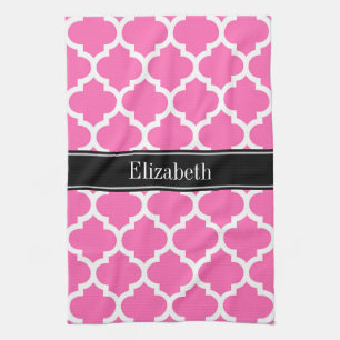 Shock rosa2 Wht Moroccan #5 Black Namn Monogram Kökshandduk