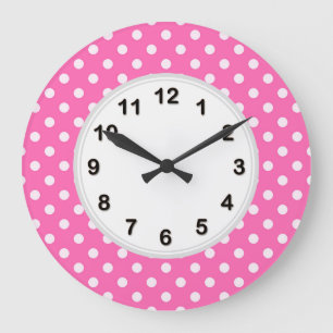 Shock rosa #2 och White Polka dots Mönster Stor Klocka