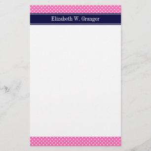 Shock rosa #2 Wht Polka dots marinblått Namn Monog Brevpapper