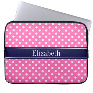Shock rosa #2 Wht Polka dots marinblått Namn Monog Laptop Fodral