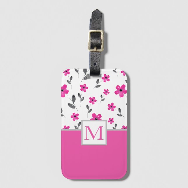 Shock rosa 5 Petal Watercolor Flower Mönster Bagagebricka (Framsida vertikal)