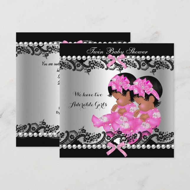Shock rosa African American Twin Girls Baby Shower Inbjudningar (Fram/baksida)