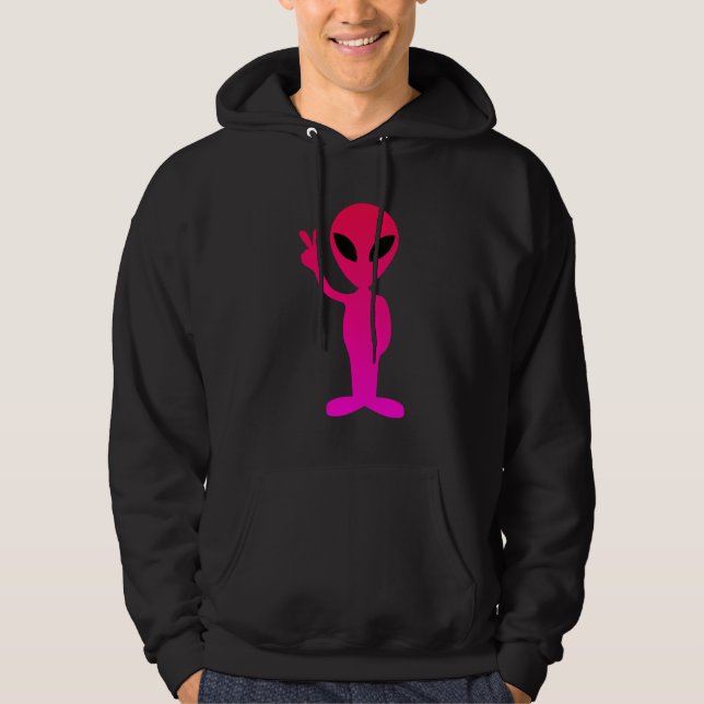 Shock rosa Alien on Black Hooded Sweatshirt Med Luva (Framsida)