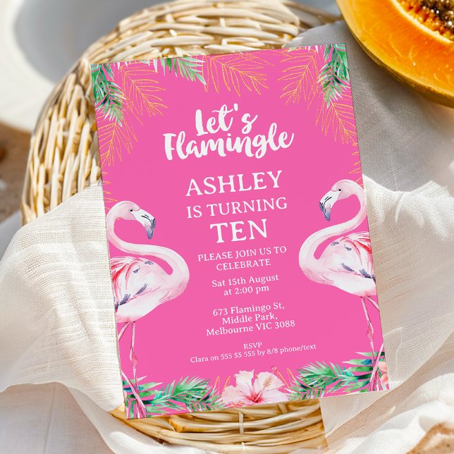 Shock rosa alla åldrar Flamingo Låt oss Flamingle  Inbjudningar (Pink Let's Flamingle Birthday Invitation Template, Pink Flamingo Birthday Invitation Printable)