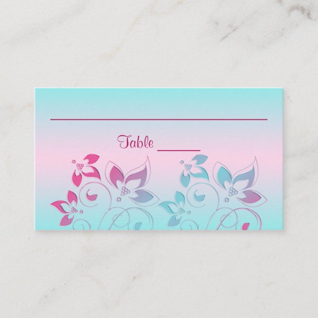 Shock rosa, Aqua Blommigt Place Cards Placeringskort (Framsida)