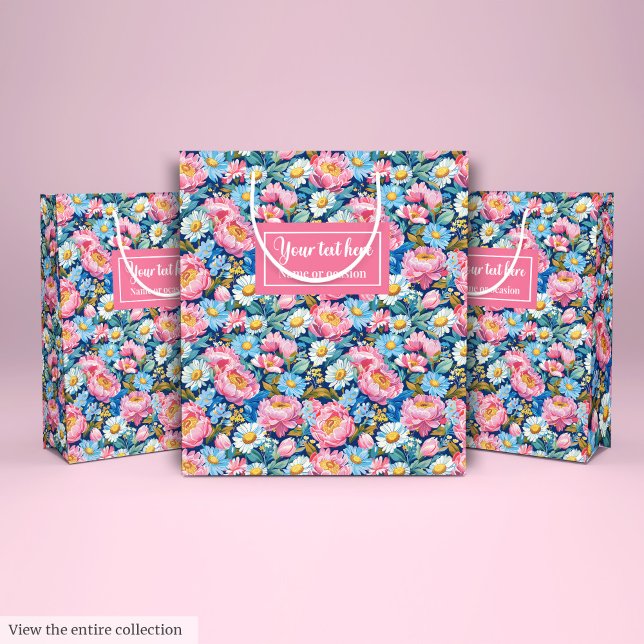 shock rosa av personlig och figursättning av blått (Personalized hot pink and blue floral gift wrap Medium Gift Bag)