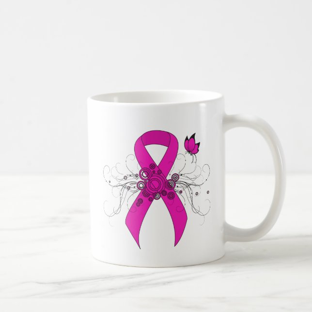Shock rosa Awareness Ribbon med Butterfly Kaffemugg (Höger)
