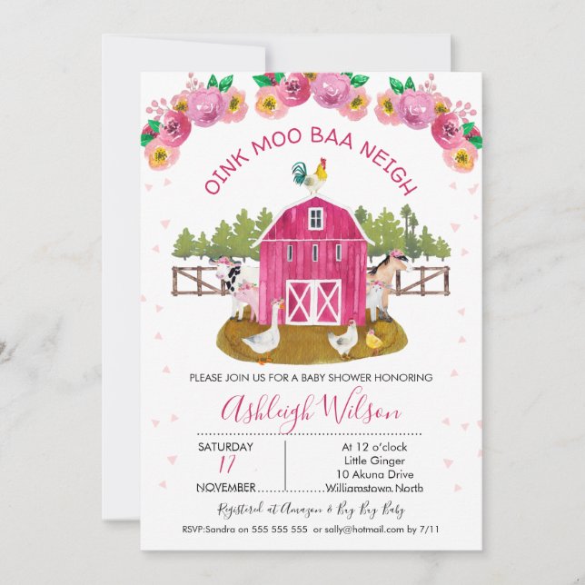 shock rosa Barn Farm Farmyard Animals Baby Shower Inbjudningar (Framsida)