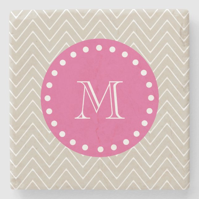 Shock rosa, Beige Chevron | Ditt monogram Underlägg Sten (Framsidan)