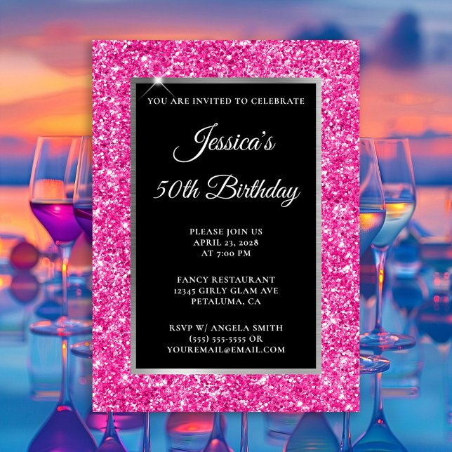 Shock rosa Black 50:e födelsedagen Inbjudningar (Hot Pink Glitter Silver and Black Any Year Birthday Invitation)