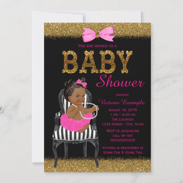 Shock rosa Black and Guld Ethnic Girl Baby Shower Inbjudningar (Framsida)