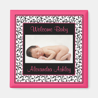 Shock rosa Black Blommigt Damask Baby Photo Magnet