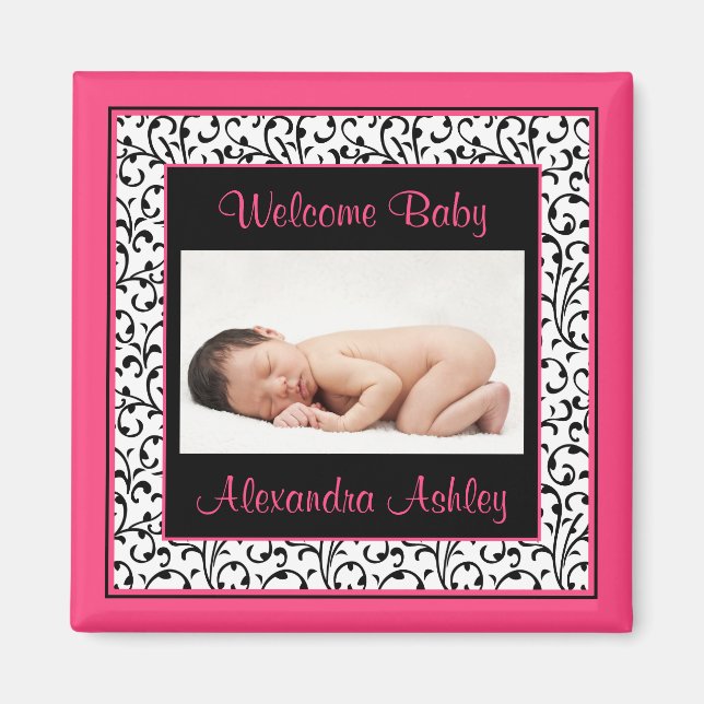 Shock rosa Black Blommigt Damask Baby Photo Magnet (Framsidan)