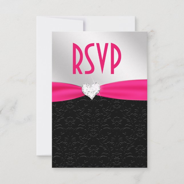 Shock rosa Black Blommigt Damask Diamond Heart OSA Kort (Framsida)