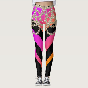 SHOCK ROSA BLACK CHEVRON GLITTER GIRLY PEARLS LEGGINGS