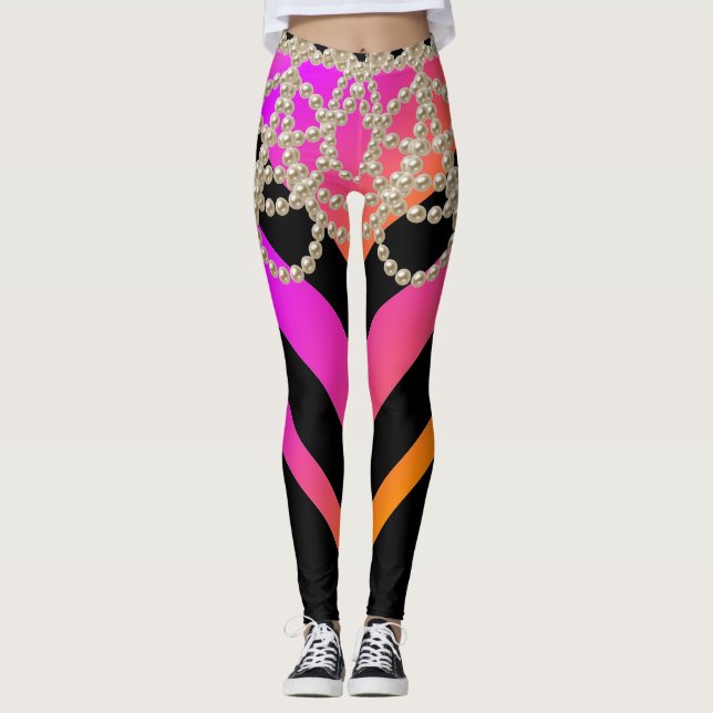 SHOCK ROSA BLACK CHEVRON GLITTER GIRLY PEARLS LEGGINGS (Framsida)