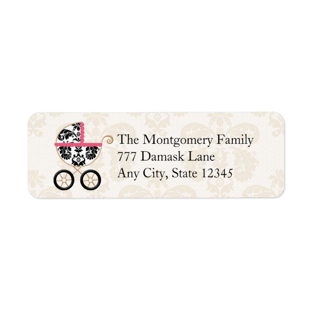 SHOCK ROSA BLACK DAMASK BABY CARRIAGE RETURADRESS ETIKETT (Framsidan)