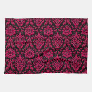 Shock rosa Black Damask Pattern Kökshandduk