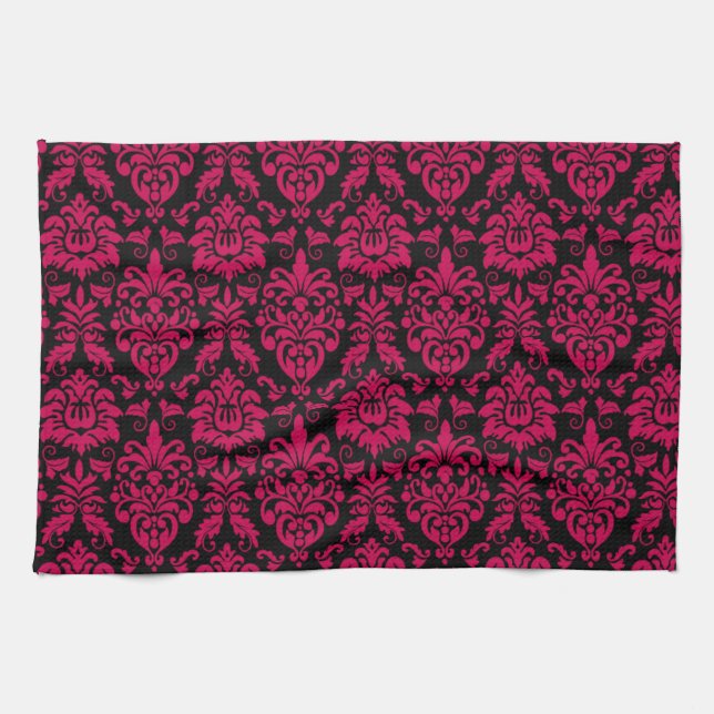 Shock rosa Black Damask Pattern Kökshandduk (Horisontell)