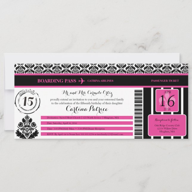 Shock rosa Black Damask Quinceanera Boarding Pass Inbjudningar (Framsida)