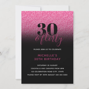 Shock rosa & Black Faux Glitter 30 och Flirty 30 Inbjudningar