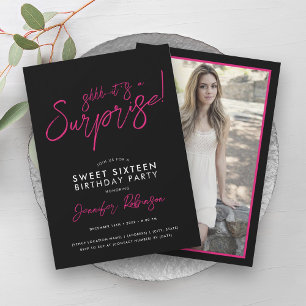 Shock rosa Black Girly Photo Surprise Sweet 16 Inbjudningar