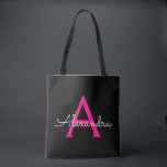 Shock rosa Black Girly Script Monogram Namn Modern Tygkasse<br><div class="desc">Svart och Shock rosa Lägg till din egen Namn Monogram Bok Bag. Denna Bok-bag kan anpassas så att den omfattar ditt första och första namn och ges som julklapp,  Sverige 16 födelsedagar,  Möhippa eller Bröllop.</div>