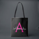 Shock rosa Black Girly Script Monogram Namn Modern Tygkasse<br><div class="desc">Svart och Shock rosa Lägg till din egen Namn Monogram Bok Bag. Denna Bok-bag kan anpassas så att den omfattar ditt första och första namn och ges som julklapp,  Sverige 16 födelsedagar,  Möhippa eller Bröllop.</div>