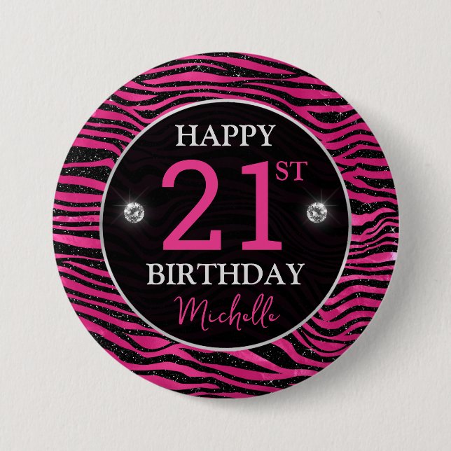 Shock rosa & Black Glitter Tiger Rand födelsedag Knapp (Framsida)