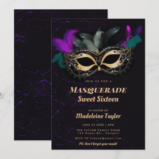 Shock rosa Black Mask Masquerauppad Sweet 16 Party Inbjudningar (Fram/baksida)
