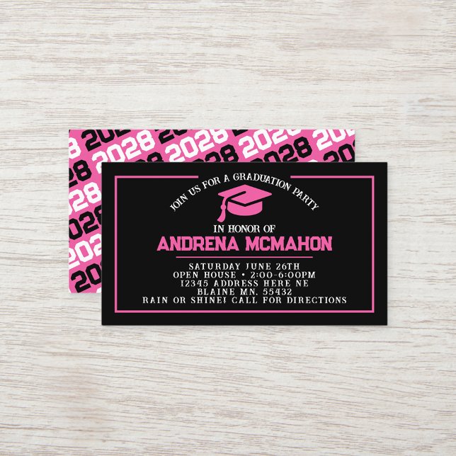 Shock rosa & Black Mini Studenten Inbjudan (Pink and Black Mini Graduation Invites for Friends, Team Mates or as Inserts!)