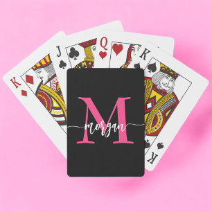 Shock rosa Black Modern Script Girly Monogram Namn Casinokort
