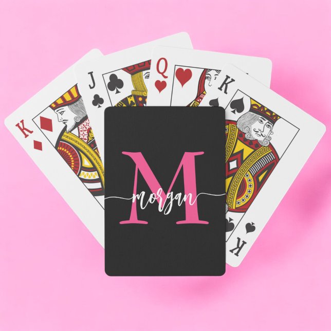 Shock rosa Black Modern Script Girly Monogram Namn Casinokort (Skapare uppladdad)