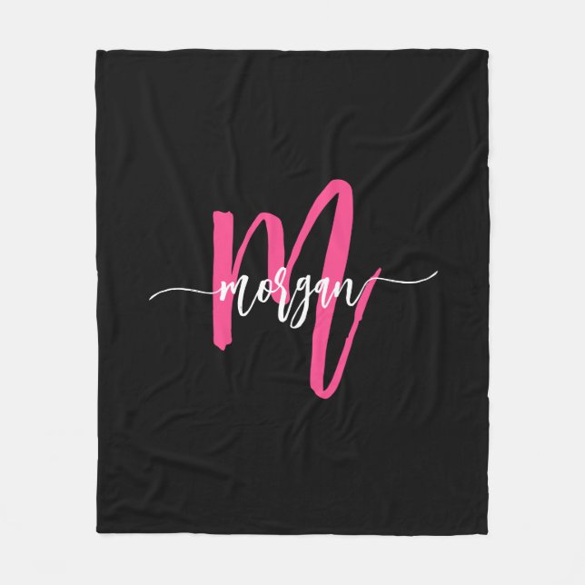 Shock rosa Black Modern Script Girly Monogram Namn Fleecefilt (Framsidan)
