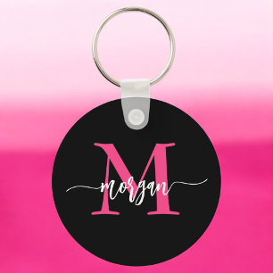 Shock rosa Black Modern Script Girly Monogram Namn Nyckelring