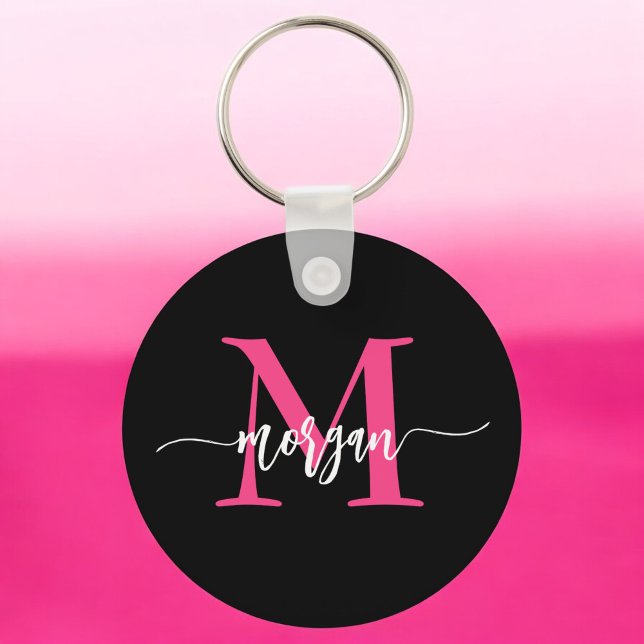 Shock rosa Black Modern Script Girly Monogram Namn Nyckelring (Skapare uppladdad)
