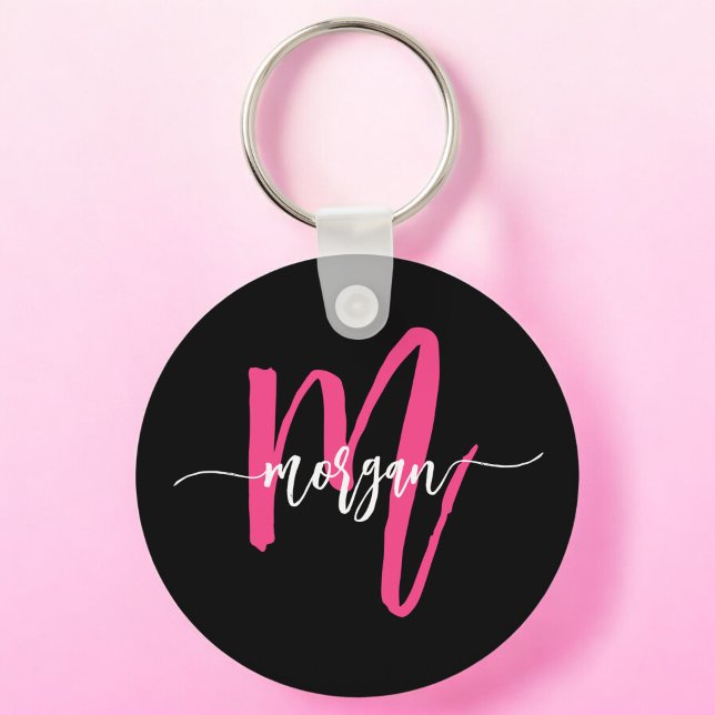 Shock rosa Black Modern Script Girly Monogram Namn Nyckelring (Skapare uppladdad)