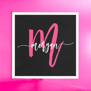 Shock rosa Black Modern Script Girly Monogram Namn Pappersservett