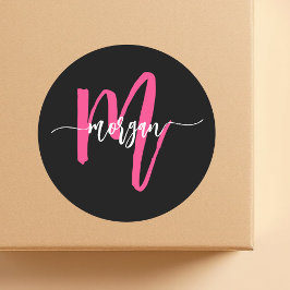 Shock rosa Black Modern Script Girly Monogram Namn Runt Klistermärke