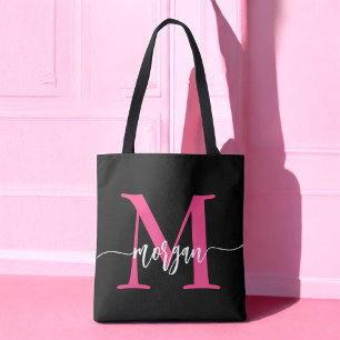 Shock rosa Black Modern Script Girly Monogram Namn Tygkasse