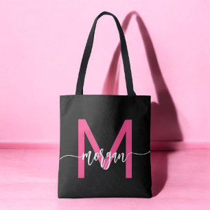 Shock rosa Black Modern Script Girly Monogram Namn Tygkasse