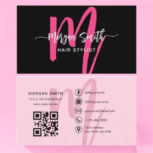 Shock rosa Black Modern Script QR-kodmonogram Namn Visitkort