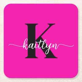 Shock rosa Black Monogram Underlägg Papper Kvadrat