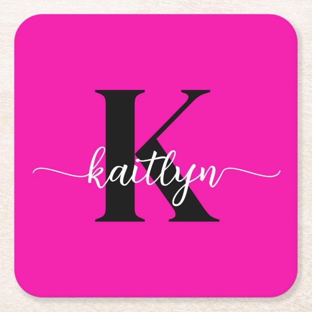 Shock rosa Black Monogram Underlägg Papper Kvadrat (Framsidan)