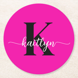 Shock rosa Black Monogram Underlägg Papper Rund