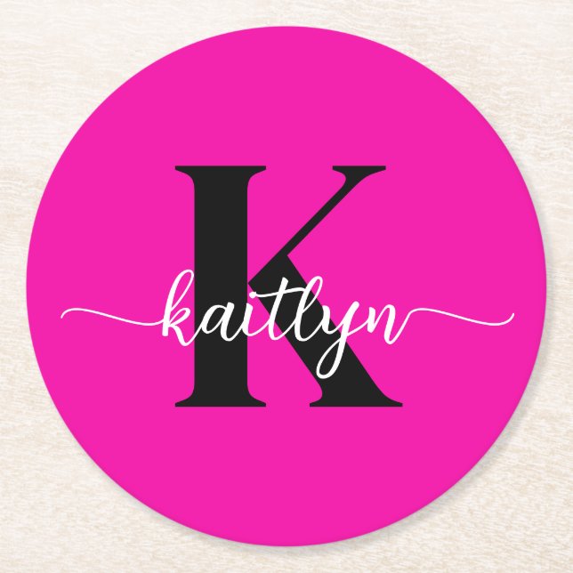 Shock rosa Black Monogram Underlägg Papper Rund (Framsidan)