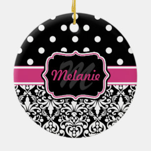 Shock rosa Black Monogrammed Damask Polka-punkt Julgransprydnad Keramik
