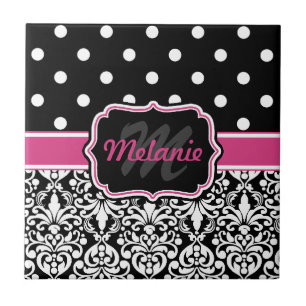 Shock rosa Black Monogrammed Damask Polka-punkt Kakelplatta