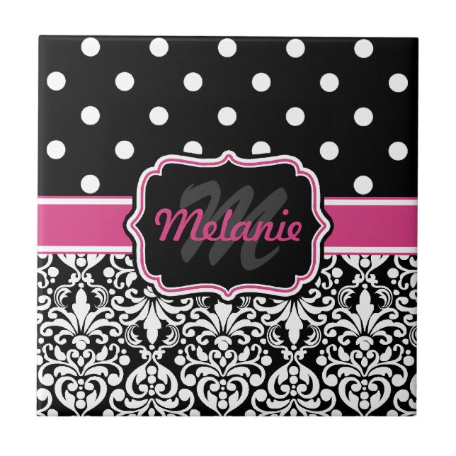 Shock rosa Black Monogrammed Damask Polka-punkt Kakelplatta (Framsidan)