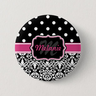 Shock rosa Black Monogrammed Damask Polka-punkt Knapp